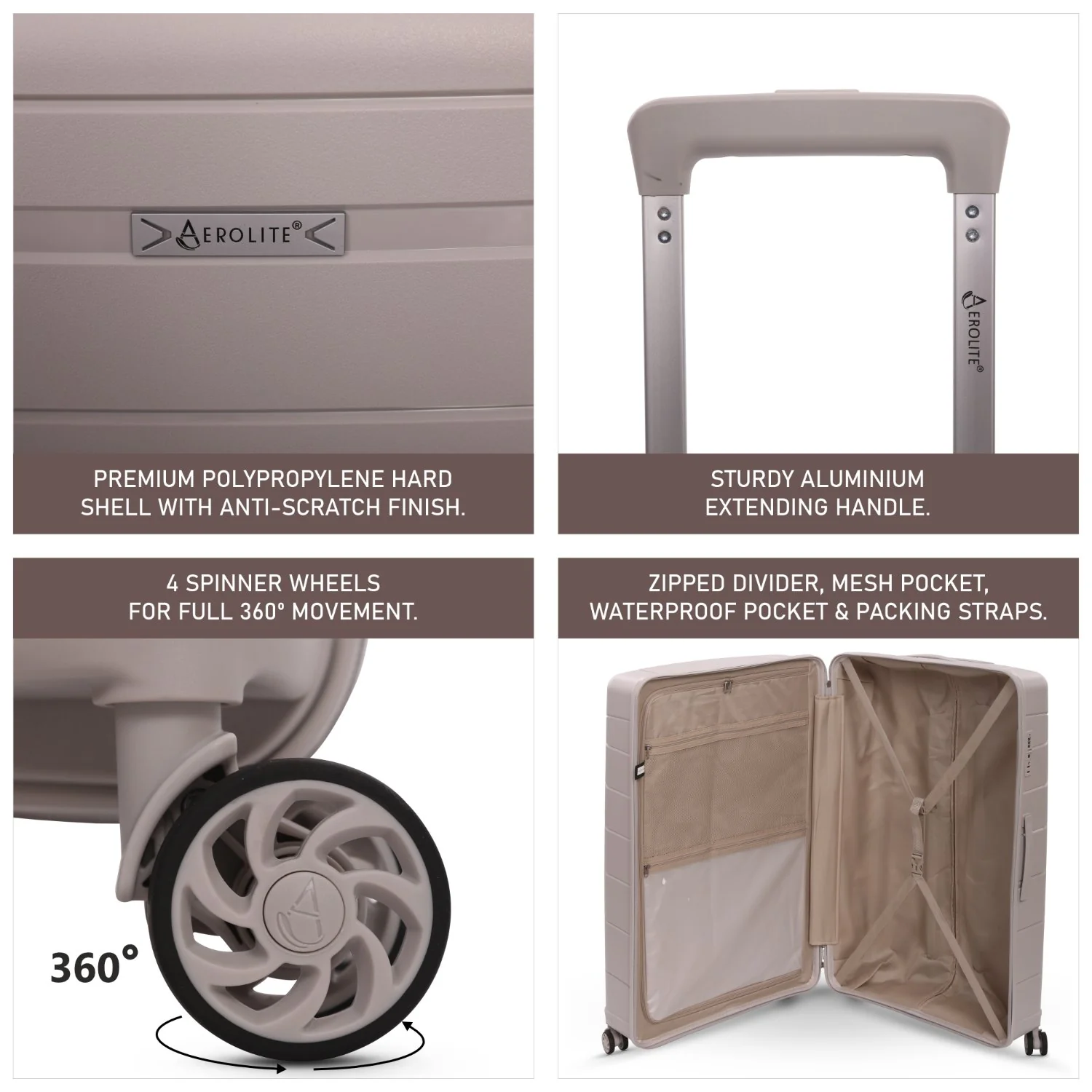 Aerolite Premium PP 4 Piece Hard Shell 4 Dual Wheel Spinner Travel Luggage Suitcase Set , Expandable Cabin + Medium + Large + Extra Large - Cream - Image 24