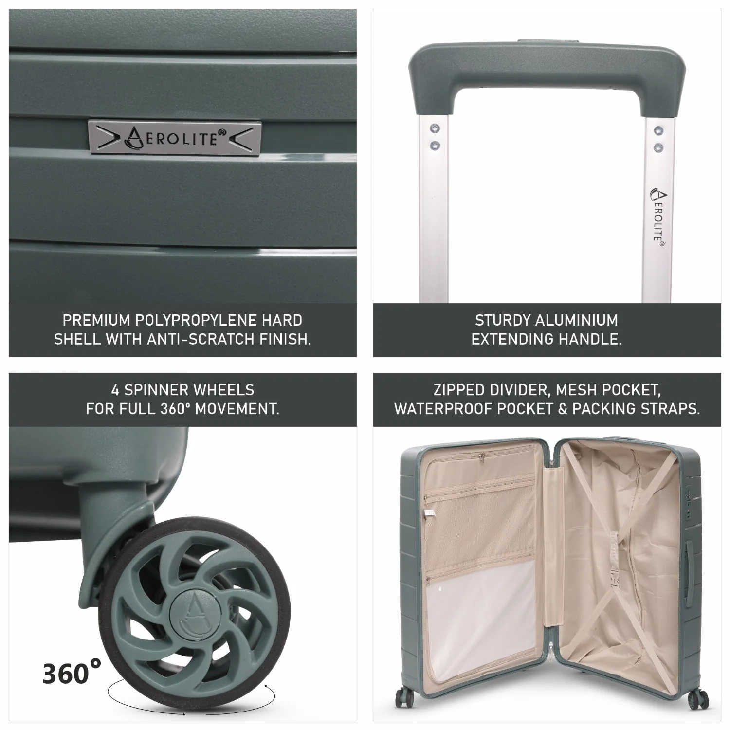Aerolite Large Lightweight 100L Polypropylene (PP) 28" Check-In Suitcase – Hard Shell Luggage with Spinner Wheels, Japanese YKK Zippers, TSA Lock & Waterproof Pocket, Dark Green - Image 3