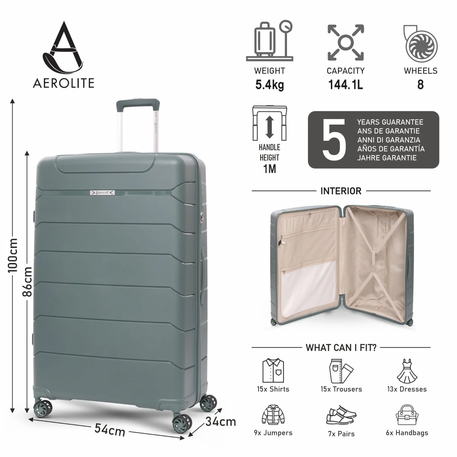 Aerolite Premium PP 4 Piece Hard Shell 4 Dual Wheel Spinner Travel Luggage Suitcase Set , Expandable Cabin + Medium + Large + Extra Large - Dark Green - Image 23