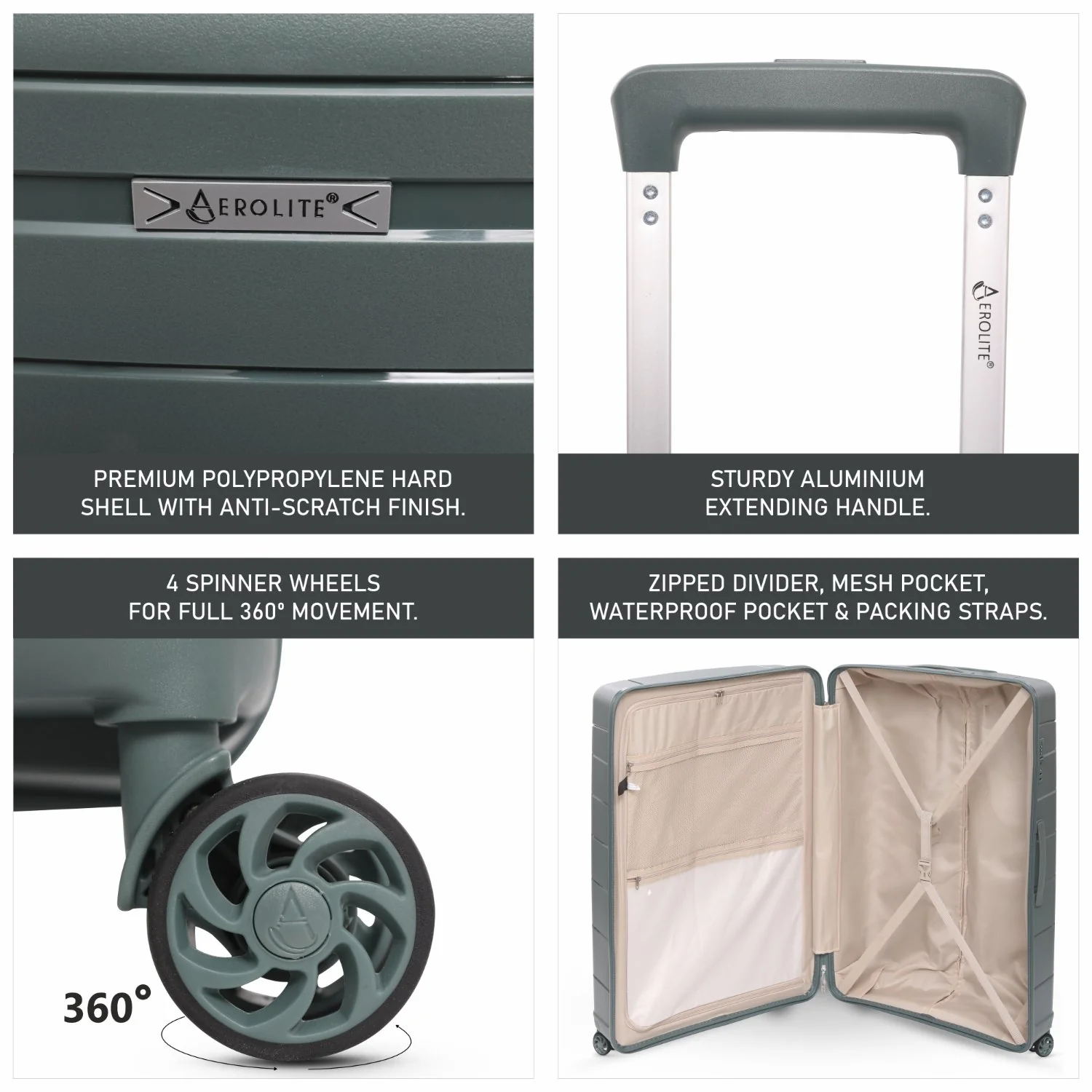 Aerolite Premium PP 4 Piece Hard Shell 4 Dual Wheel Spinner Travel Luggage Suitcase Set , Expandable Cabin + Medium + Large + Extra Large - Dark Green - Image 24