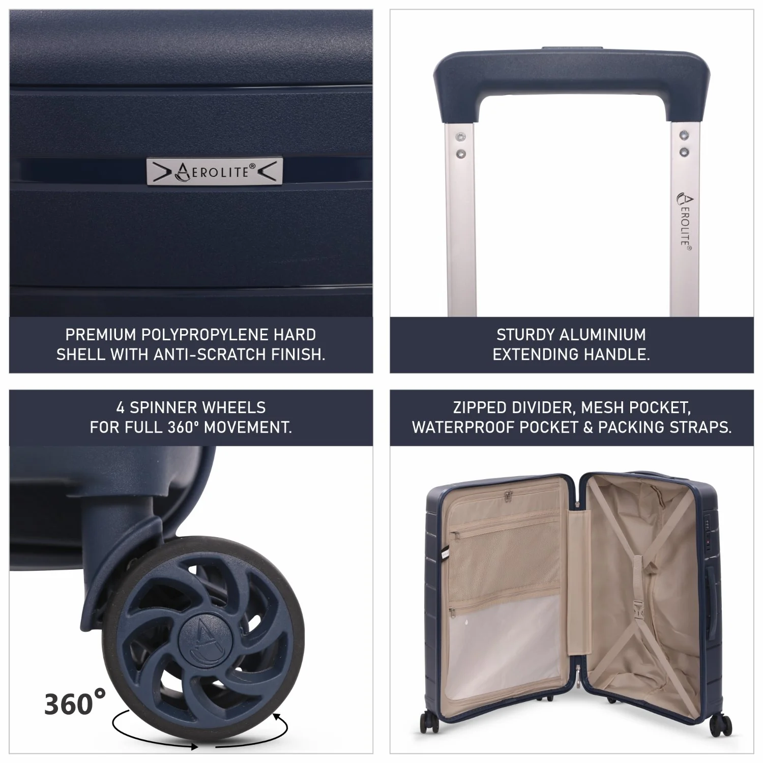 Aerolite 24” Medium 67L Lightweight Polypropylene (PP) Check-In Suitcase – Hard Shell Luggage with Spinner Wheels, TSA Lock & Organised Interior, Navy - Image 3