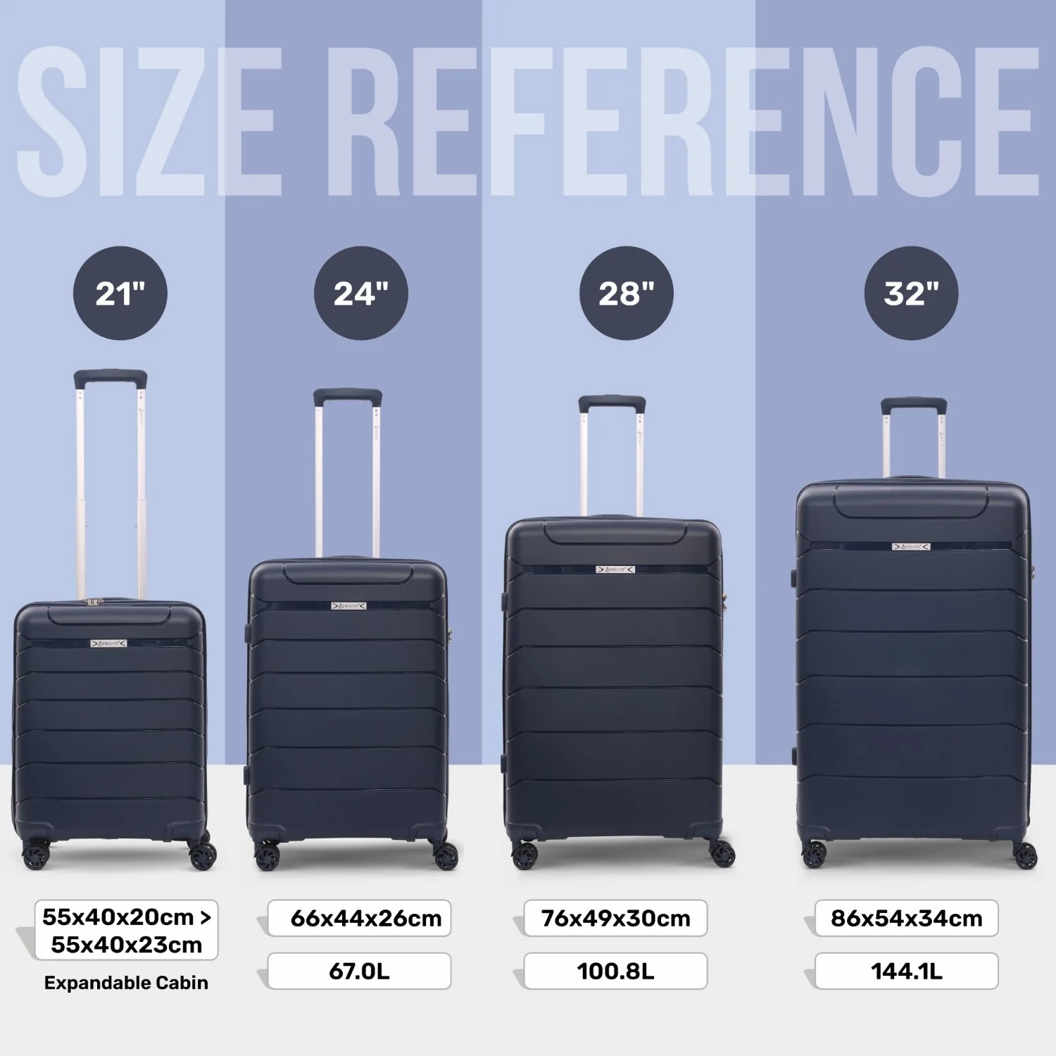 Aerolite Premium PP 4 Piece Hard Shell 4 Dual Wheel Spinner Travel Luggage Suitcase Set , Expandable Cabin + Medium + Large + Extra Large - Navy - Image 2