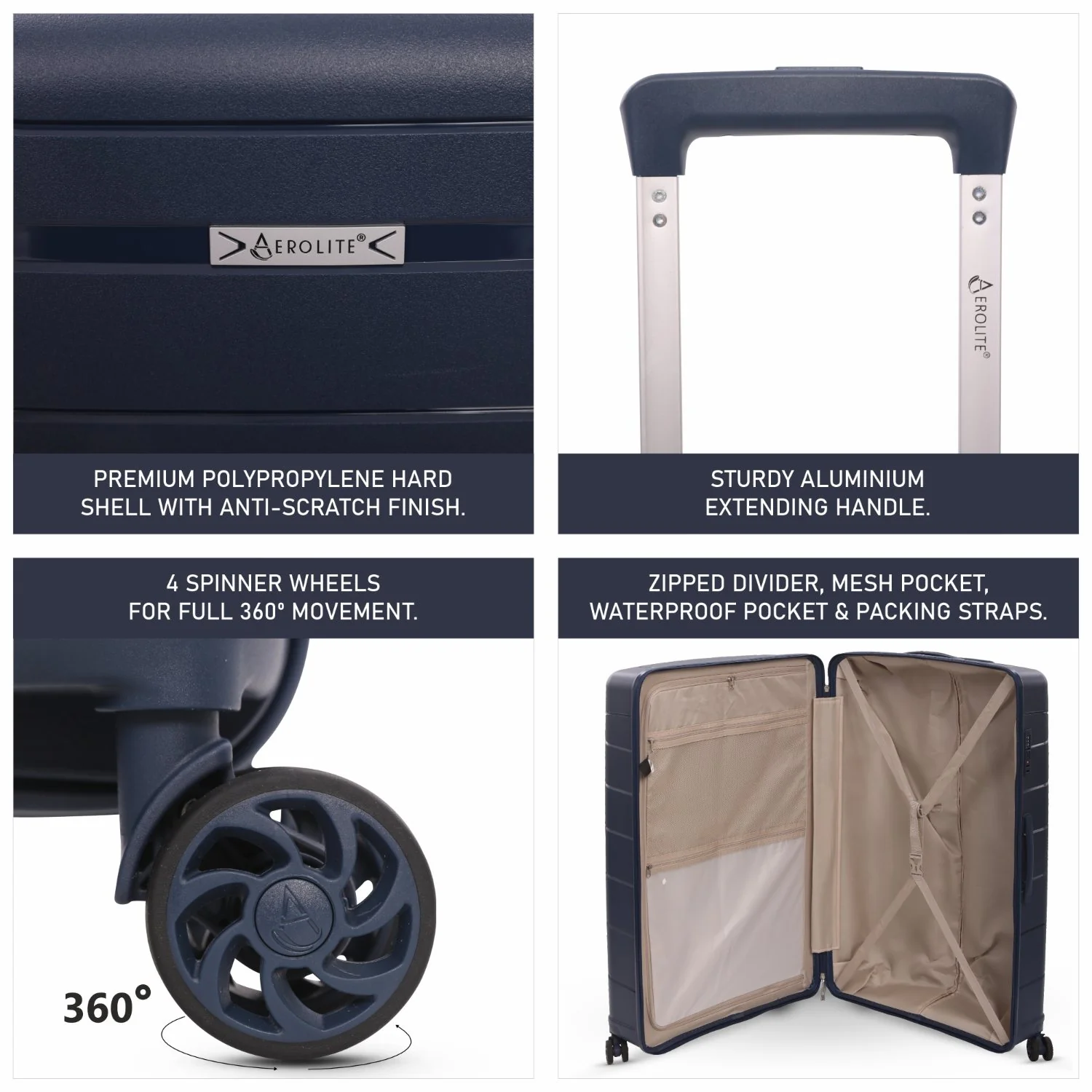Aerolite Premium PP 4 Piece Hard Shell 4 Dual Wheel Spinner Travel Luggage Suitcase Set , Expandable Cabin + Medium + Large + Extra Large - Navy - Image 24
