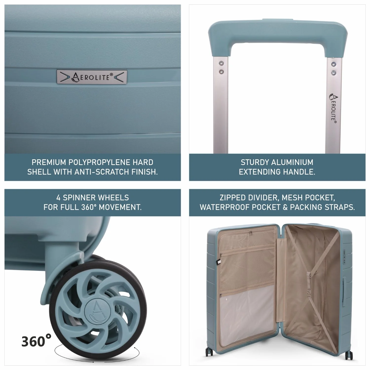 Aerolite Premium PP 4 Piece Hard Shell 4 Dual Wheel Spinner Travel Luggage Suitcase Set , Expandable Cabin + Medium + Large + Extra Large - Sage - Image 24