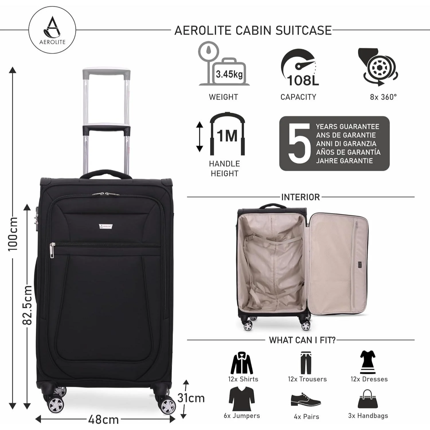 Aerolite Reinforced Super Strong and Light 4 Wheel Lightweight Cabin & Hold Check in Luggage Suitcase, Double-Tube Retractable Trolley Handle, 10 Year Guarantee - Image 15