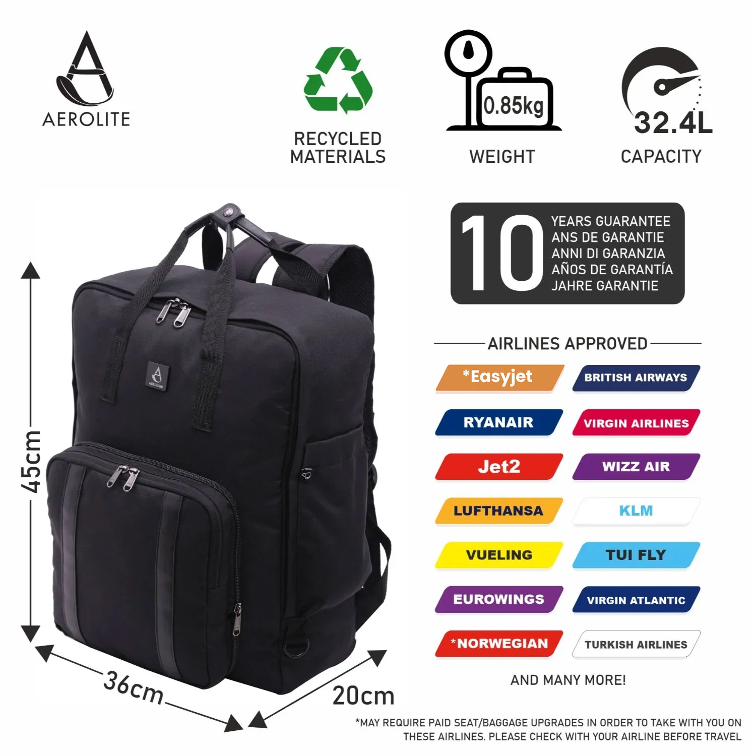 Aerolite 45x36x20cm Easyjet Maximum Eco-Friendly Super Premium Quality Backpack With Removable Small Carry Pouch Recycled Eco-Friendly, Shower-Resistant Cabin Luggage Approved Travel Carry On Flight Rucksack with 10 Year Warranty - Image 5