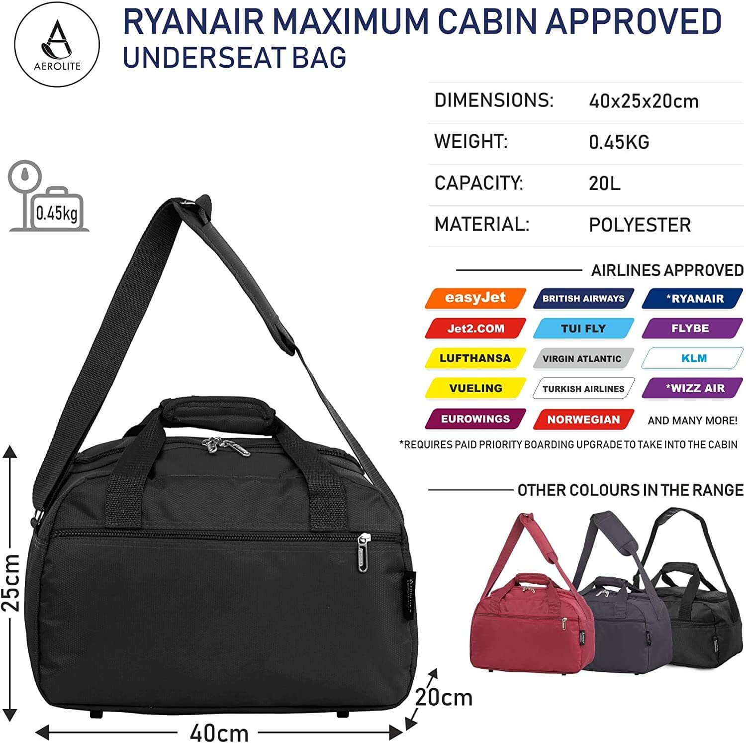 Aerolite Ryanair Ultimate Luggage Set, Priority Cabin Suitcase 55x40x20cm, Underseat Holdall 40x20x25cm, 29” Large Checked Suitcase, Luggage Scale and 2xTSA locks - Image 7