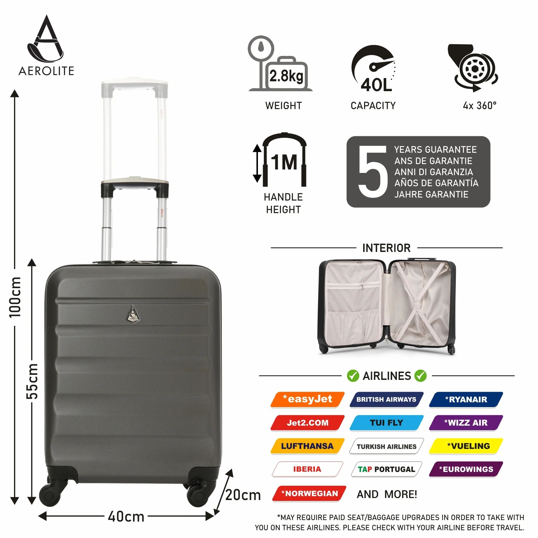 Aerolite Ryanair Ultimate Luggage Set, Priority Cabin Suitcase 55x40x20cm, Underseat Holdall 40x20x25cm, 29” Large Checked Suitcase, Luggage Scale and 2xTSA locks - Image 3