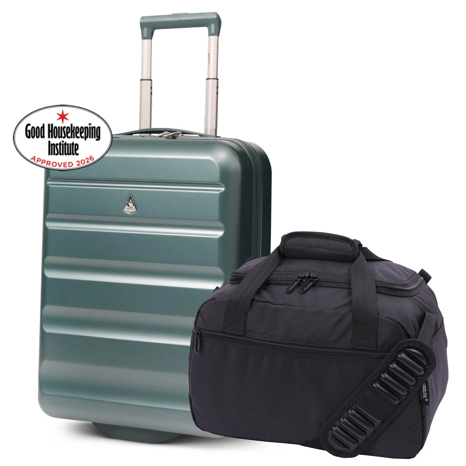 Aerolite Ryanair Priority Max Cabin Luggage Set – 55x40x20cm Expandable Hard Shell Suitcase 40–46L + New Ryanair Size 40x30x20cm Eco Underseat Holdall 24L (Green + Black)