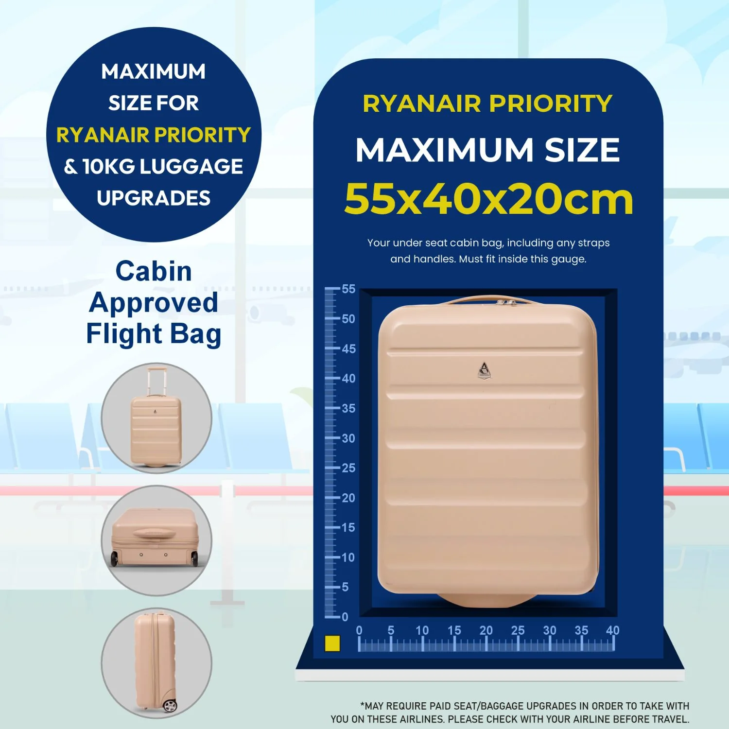 Aerolite Ryanair Priority Max Cabin Luggage Set – 55x40x20cm Expandable Hard Shell Suitcase 40–46L + New Ryanair Size 40x30x20cm Eco Underseat Holdall 24L (Beige + Black) - Image 7