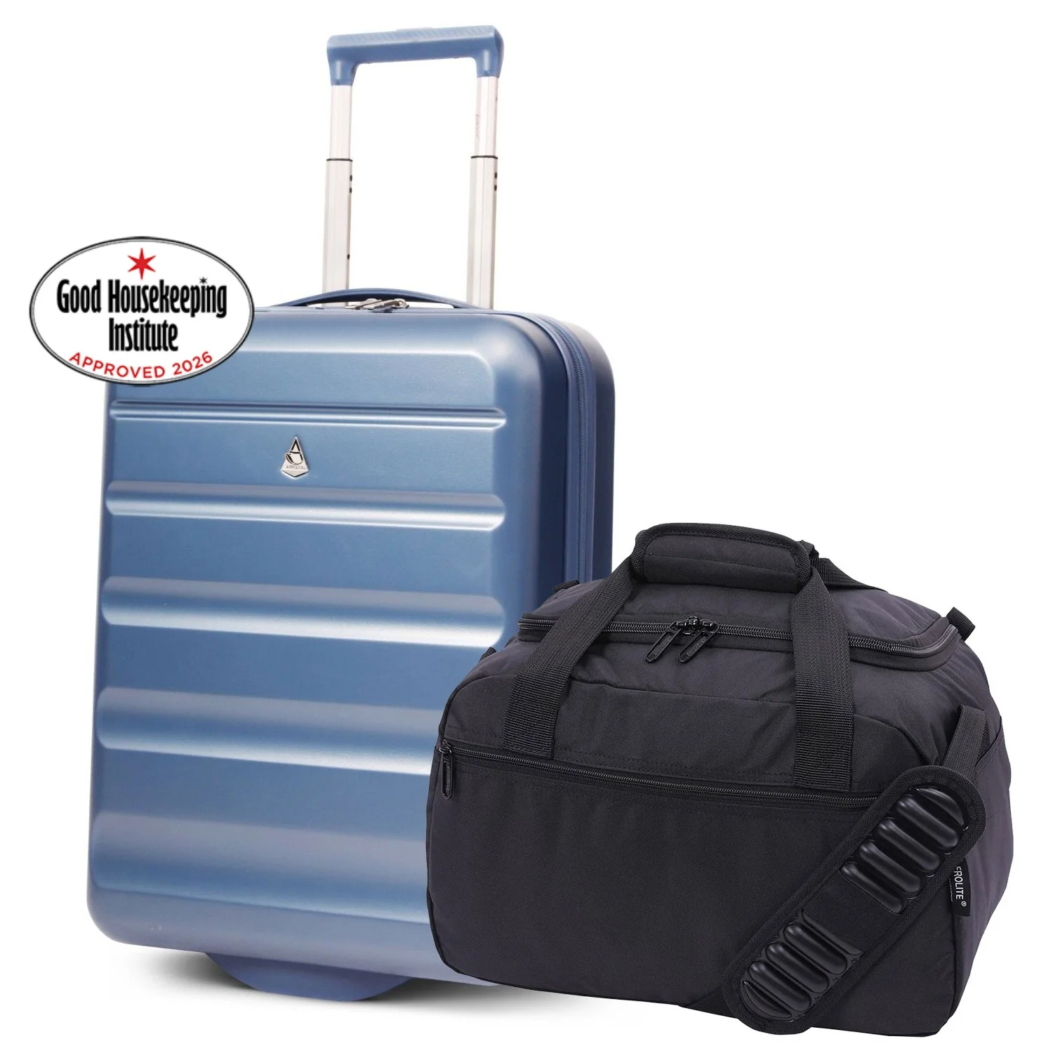 Aerolite Ryanair Priority Max Cabin Luggage Set – 55x40x20cm Expandable Hard Shell Suitcase 40–46L + New Ryanair Size 40x30x20cm Eco Underseat Holdall 24L (Blue + Black)