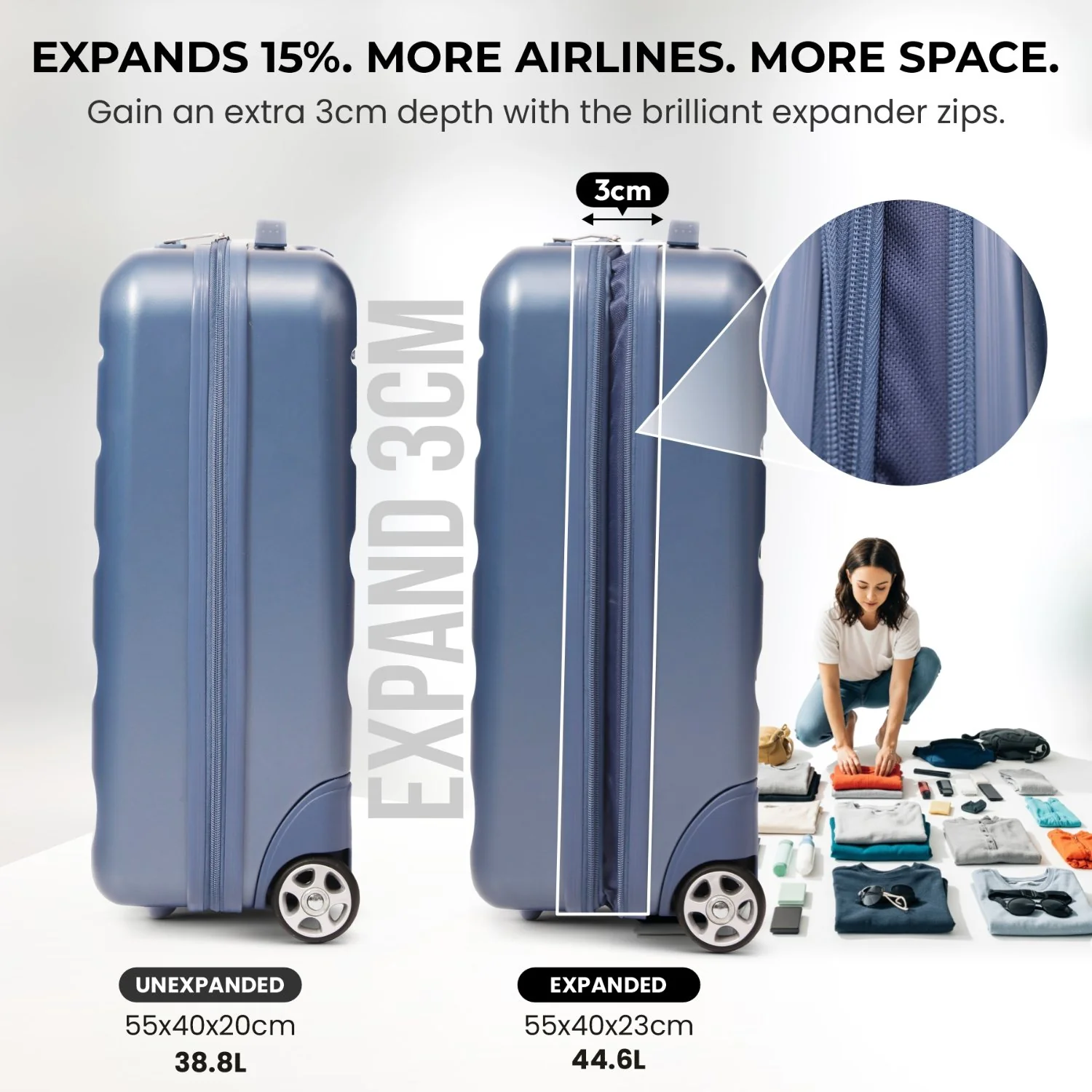 Aerolite Expandable Cabin Suitcase 55x40x20cm Ryanair Priority Max Size, Expands to 55x40x23cm for Lufthansa & Wizz Air Priority, Hard Shell 2-Wheel Carry-On Trolley with TSA Lock, 40–46L Capacity, Blue - Image 5