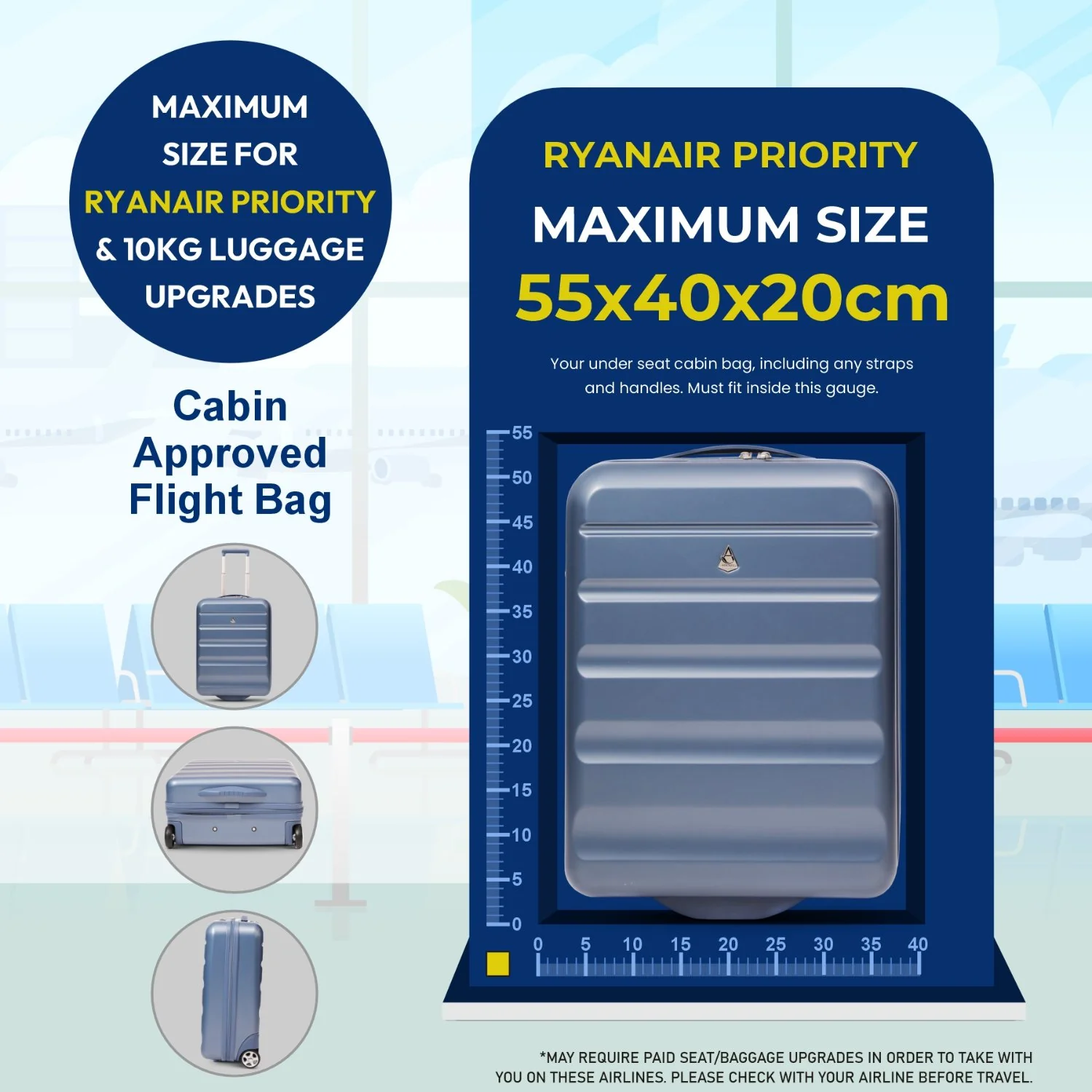 Aerolite Expandable Cabin Suitcase 55x40x20cm Ryanair Priority Max Size, Expands to 55x40x23cm for Lufthansa & Wizz Air Priority, Hard Shell 2-Wheel Carry-On Trolley with TSA Lock, 40–46L Capacity, Blue - Image 6