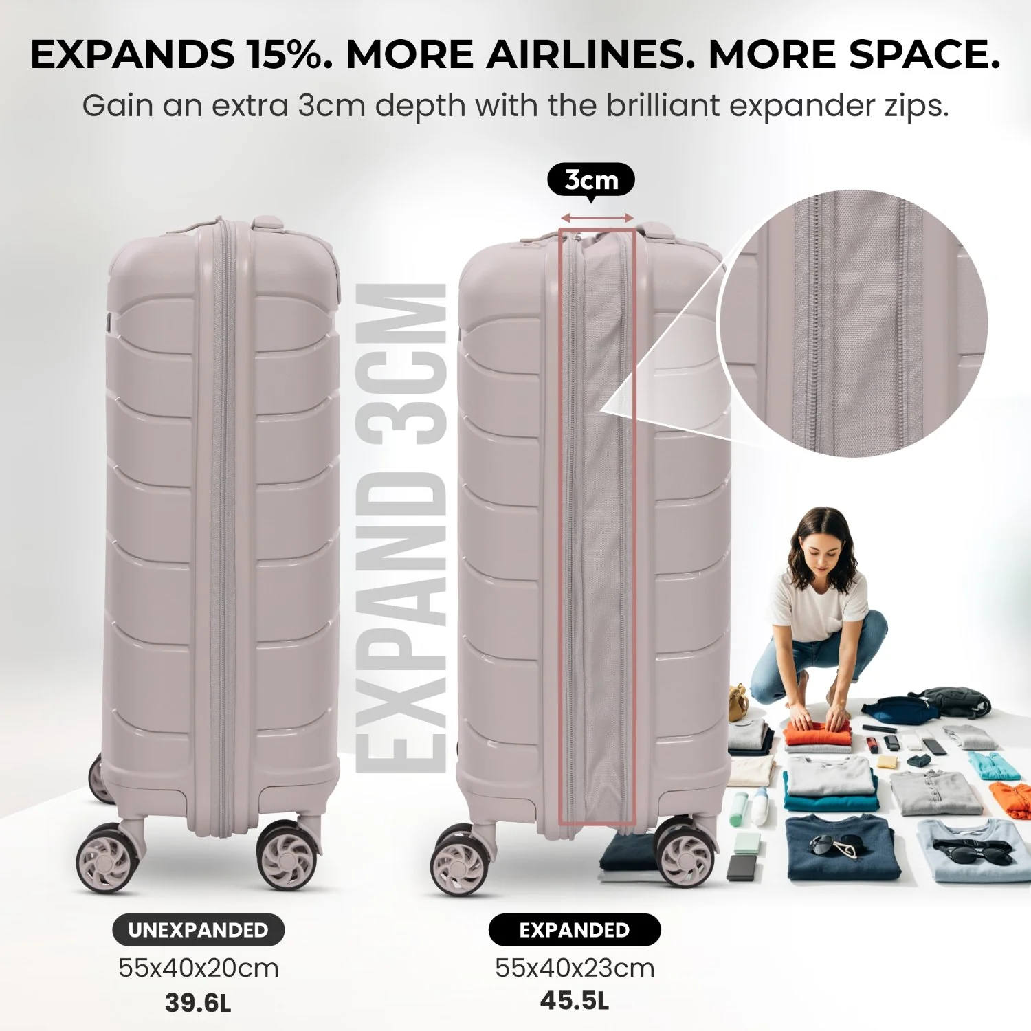 Aerolite Premium PP Expandable Cabin Suitcase 55x40x20cm to 55x40x23cm, Ryanair & Wizz Air Priority Max Size, Lightweight Polypropylene Hard Shell Carry-On with 4 Wheels & TSA Lock - Cream - Image 3