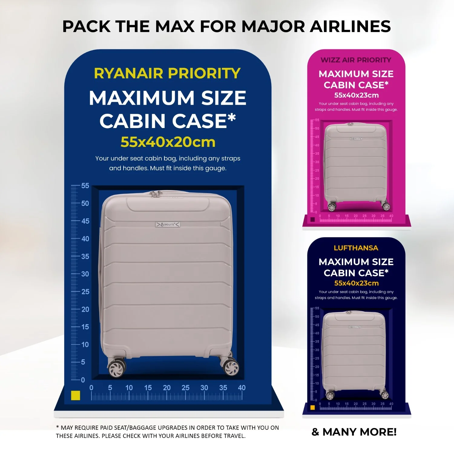 Aerolite Premium PP Expandable Cabin Suitcase 55x40x20cm to 55x40x23cm, Ryanair & Wizz Air Priority Max Size, Lightweight Polypropylene Hard Shell Carry-On with 4 Wheels & TSA Lock - Cream - Image 4