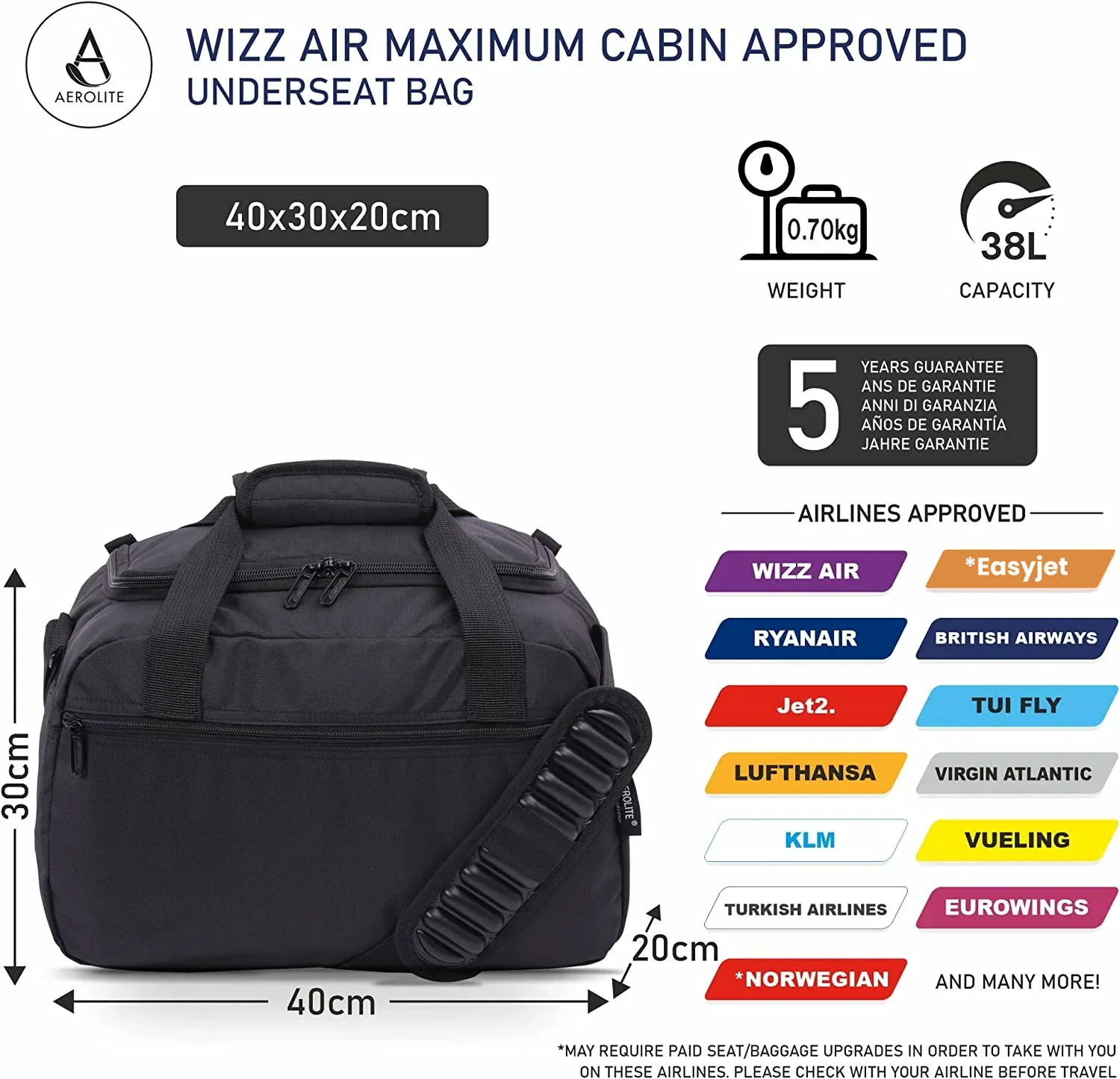 Aerolite Ryanair Priority Max Bundle, 55x40x20+3cm Expandable PP Hard Shell Suitcase (Sage) with 40x30x20cm New Ryanair Max Underseat Holdall (Black) - Image 10