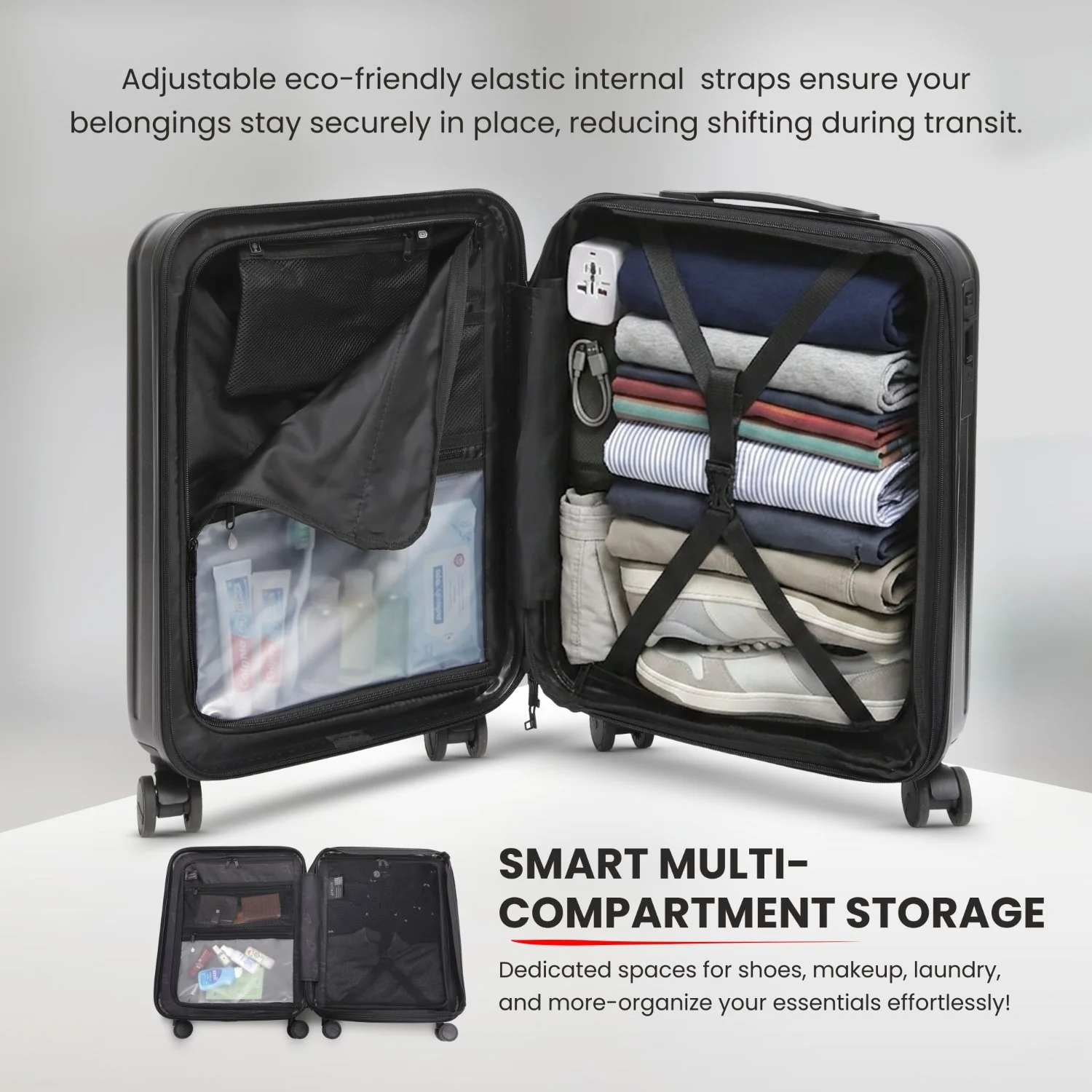 Aerolite M-Lite Smart 21” Cabin Suitcase – Expandable 55x40x20cm to 55x40x23cm, Front Laptop Compartment, Silent Japanese Hinomoto Wheels with Brake Button, Durable Polypropylene, USB Charging & TSA Lock - Image 6