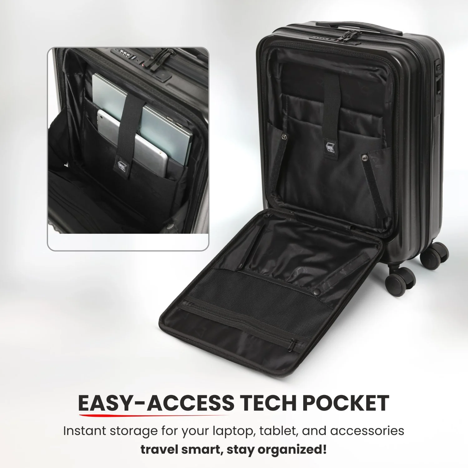 Aerolite M-Lite Smart 21” Cabin Suitcase – Expandable 55x40x20cm to 55x40x23cm, Front Laptop Compartment, Silent Japanese Hinomoto Wheels with Brake Button, Durable Polypropylene, USB Charging & TSA Lock - Image 7