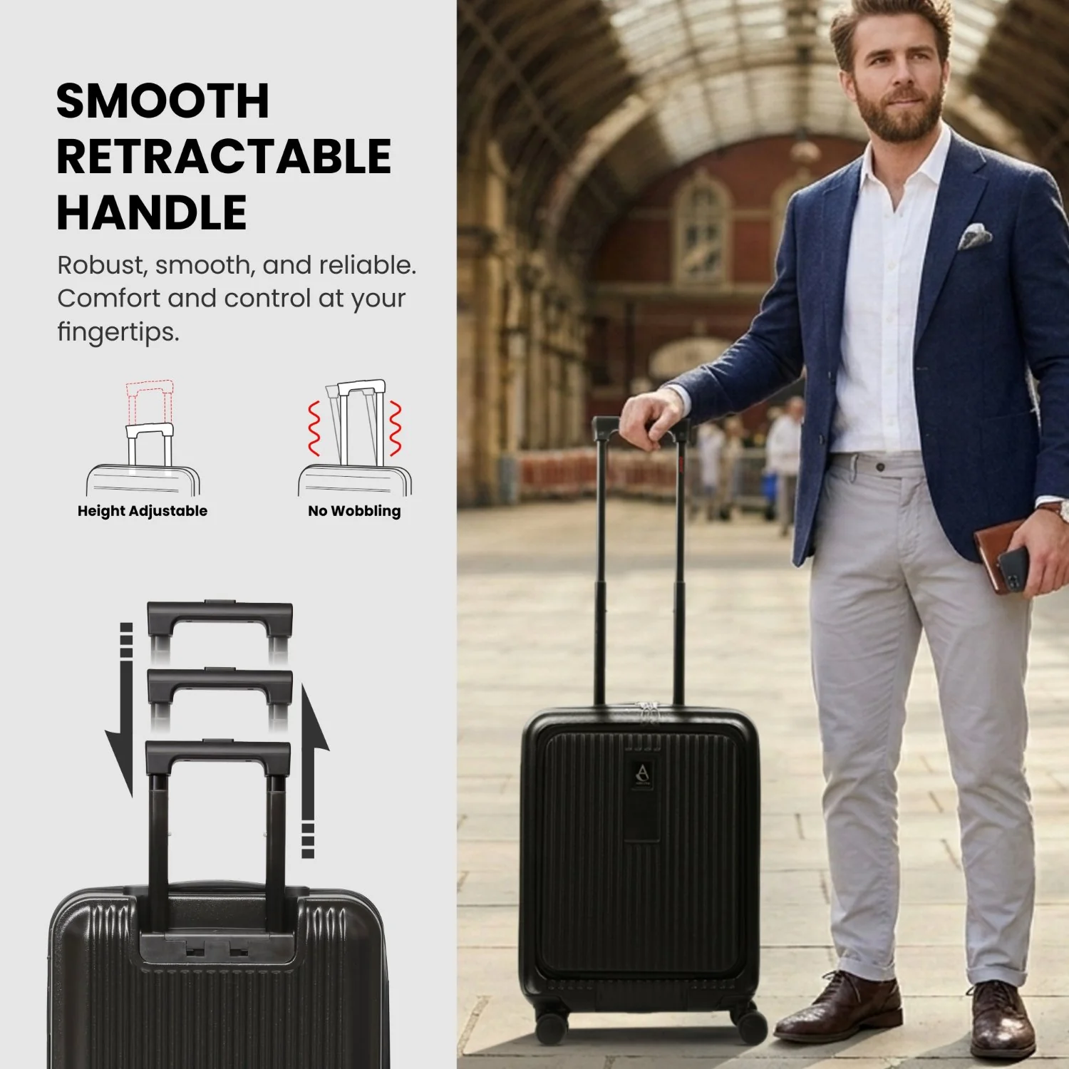 Aerolite M-Lite Smart 21” Cabin Suitcase – Expandable 55x40x20cm to 55x40x23cm, Front Laptop Compartment, Silent Japanese Hinomoto Wheels with Brake Button, Durable Polypropylene, USB Charging & TSA Lock - Image 9