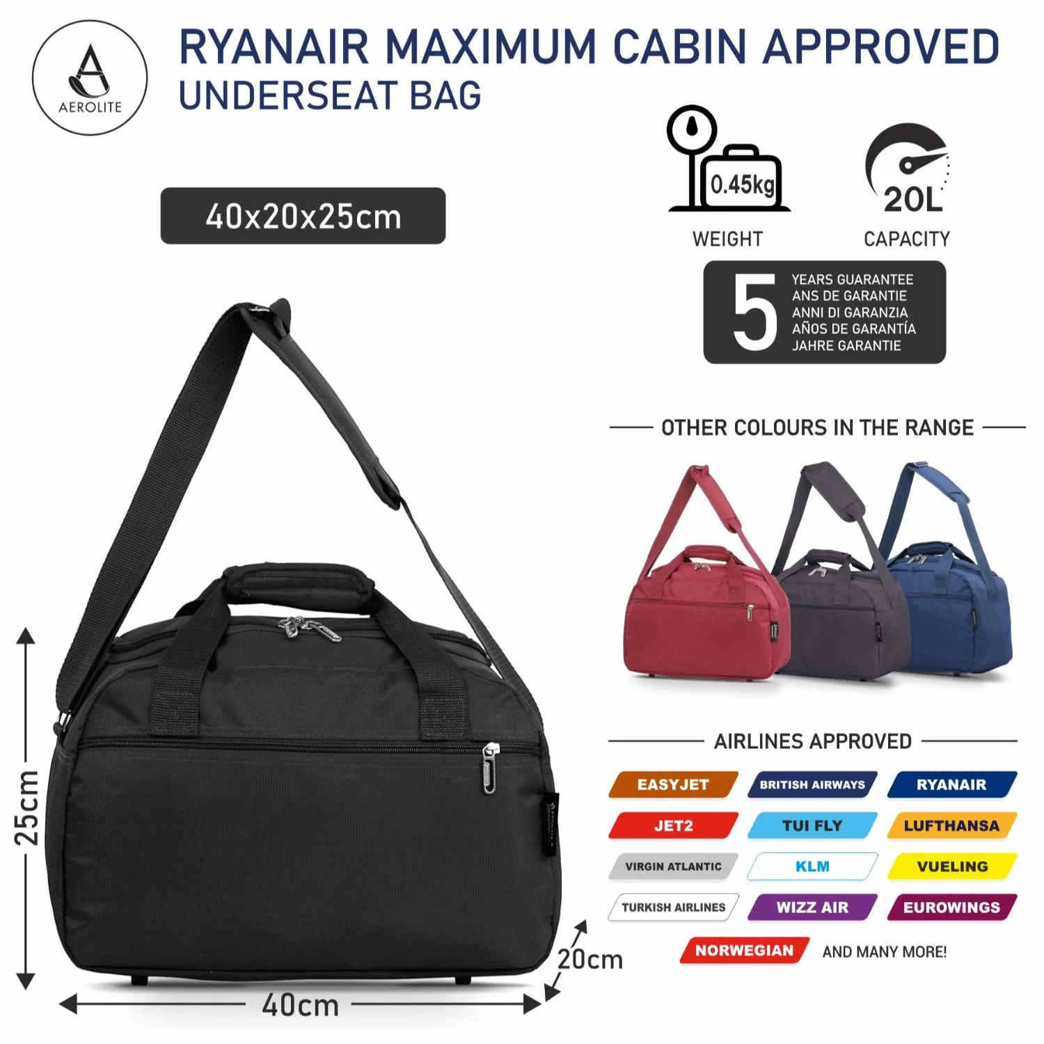 Aerolite Travel Bundle – 55x40x20/23cm Expandable Cabin Suitcase + 40x20x25cm Ryanair-Free Underseat Bag with TSA Lock – Lightweight, Airline-Approved Set (Black) - Image 12