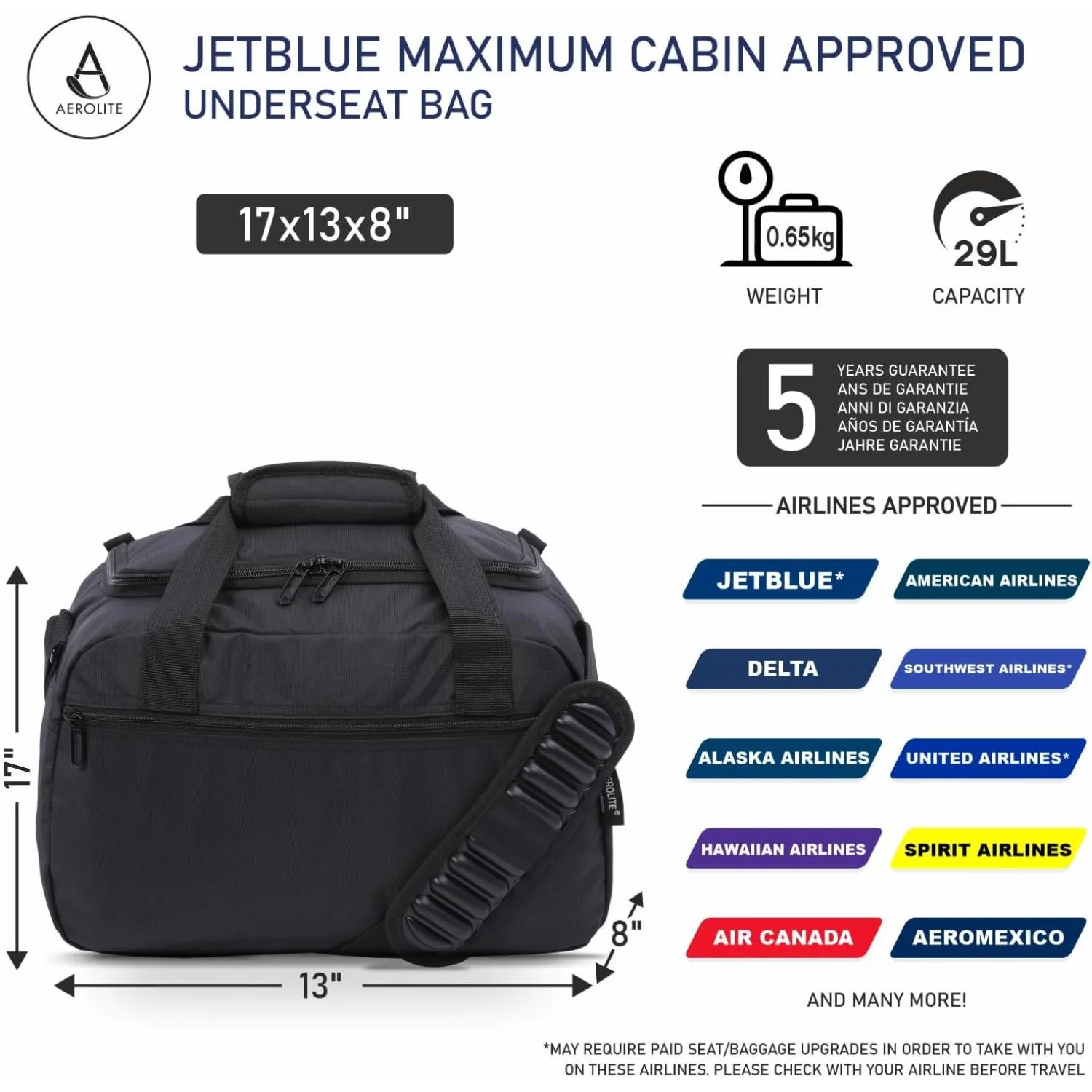 Aerolite Underseat 17x13x8” jetBlue Airline Maximum Size Carry On Holdall with 5 Year Guarantee, Premium Carry On Personal Item Eco-Friendly Travel Duffel Bag - Image 2