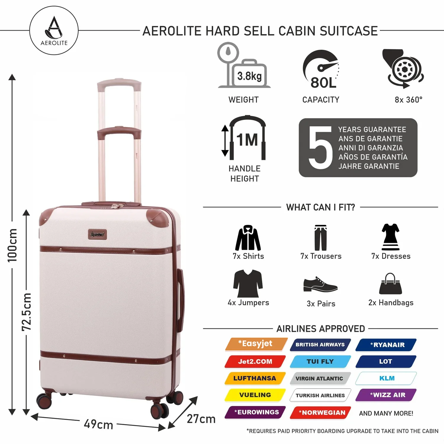 Aerolite Vintage Classic Retro Style Lightweight ABS Hard Shell Luggage With In-Built TSA Lock & Ultra Quiet Hinomoto 8-Wheels (Cabin 21", Medium 25", Large 29") - Image 10