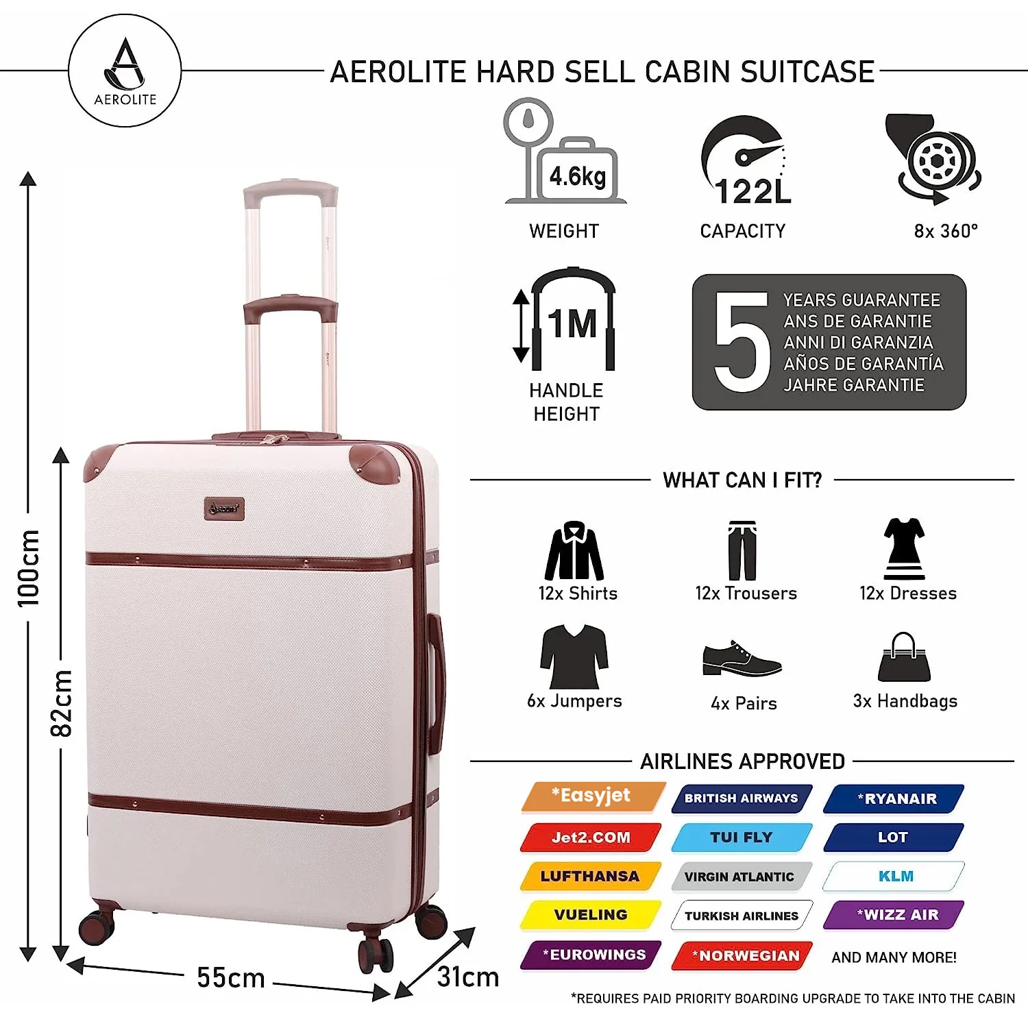 Aerolite Vintage Classic Retro Style Lightweight ABS Hard Shell Luggage With In-Built TSA Lock & Ultra Quiet Hinomoto 8-Wheels (Cabin 21", Medium 25", Large 29") - Image 16