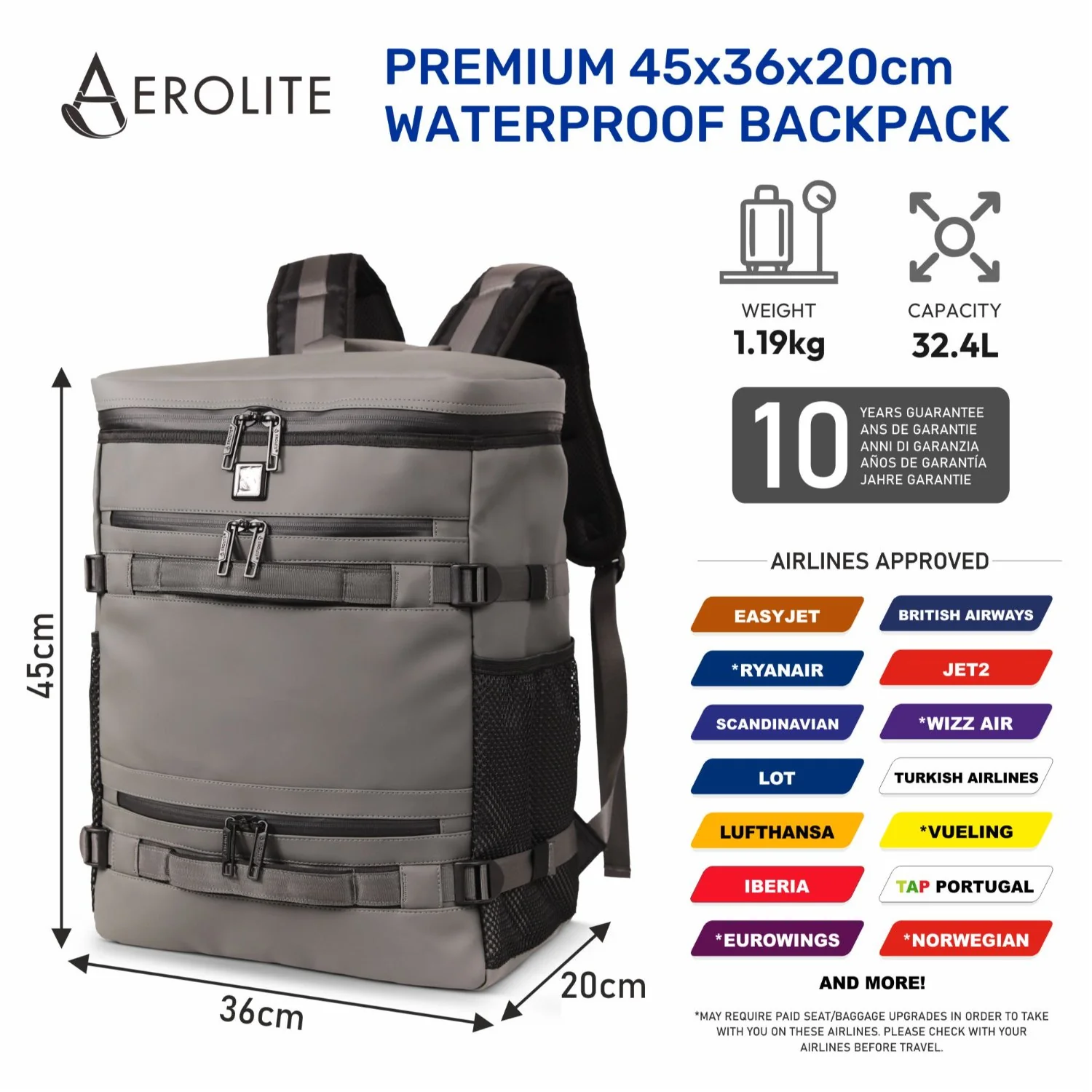 Aerolite Waterproof Backpack – Easyjet Maximum Underseat Size 45×36×20cm, 32L Cabin Rucksack with 15.6″ Laptop Sleeve, Multiple Pockets & Travel-Friendly Features – Dark Green - Image 7