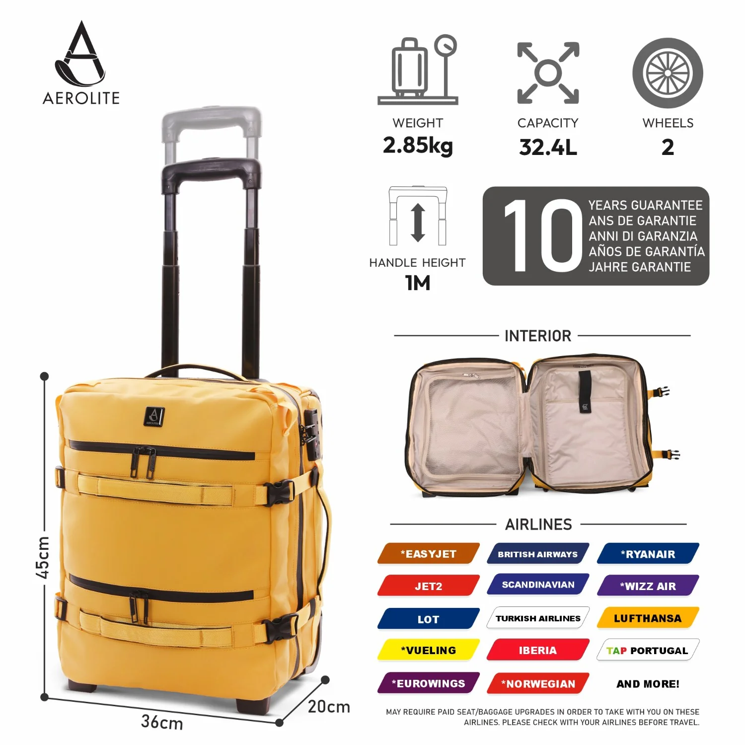 Aerolite Waterproof 45x36x20cm Easyjet Underseat Cabin Bag – 32L Travel Trolley with 2 Wheels, TSA Lock & 15.6” Laptop Compartment – Easyjet Maximum Size Hand Luggage - Mango - Image 5