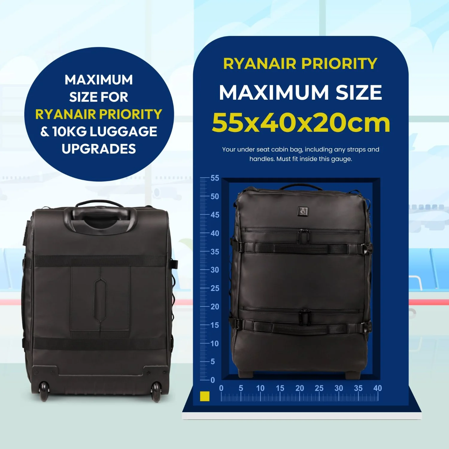 Aerolite Ryanair Priority Max Waterproof Trolley Cabin Bag 55x40×20 cm, 44L Carry-On with 17" Laptop Sleeve, TSA Lock & 2 Wheels – Black - Image 3