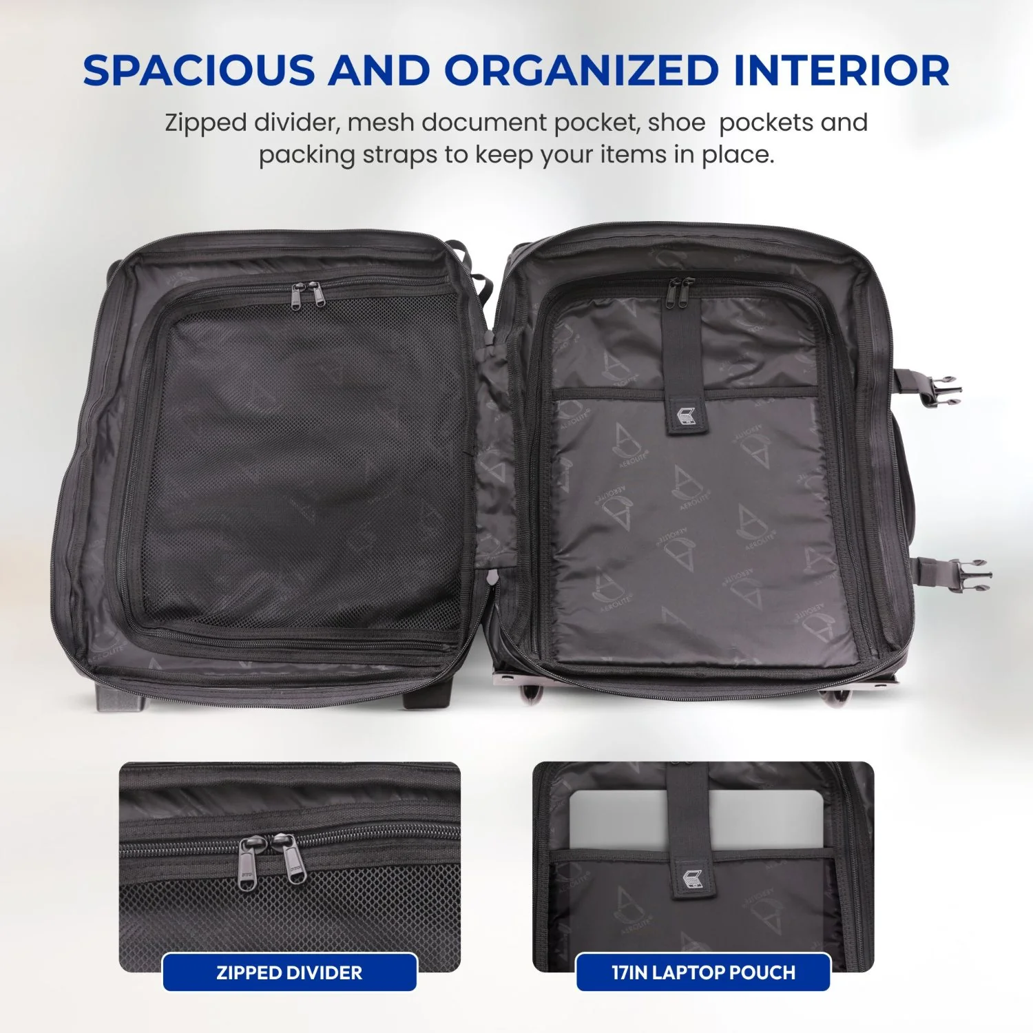 Aerolite Ryanair Priority Max Waterproof Trolley Cabin Bag 55x40×20 cm, 44L Carry-On with 17" Laptop Sleeve, TSA Lock & 2 Wheels – Black - Image 7