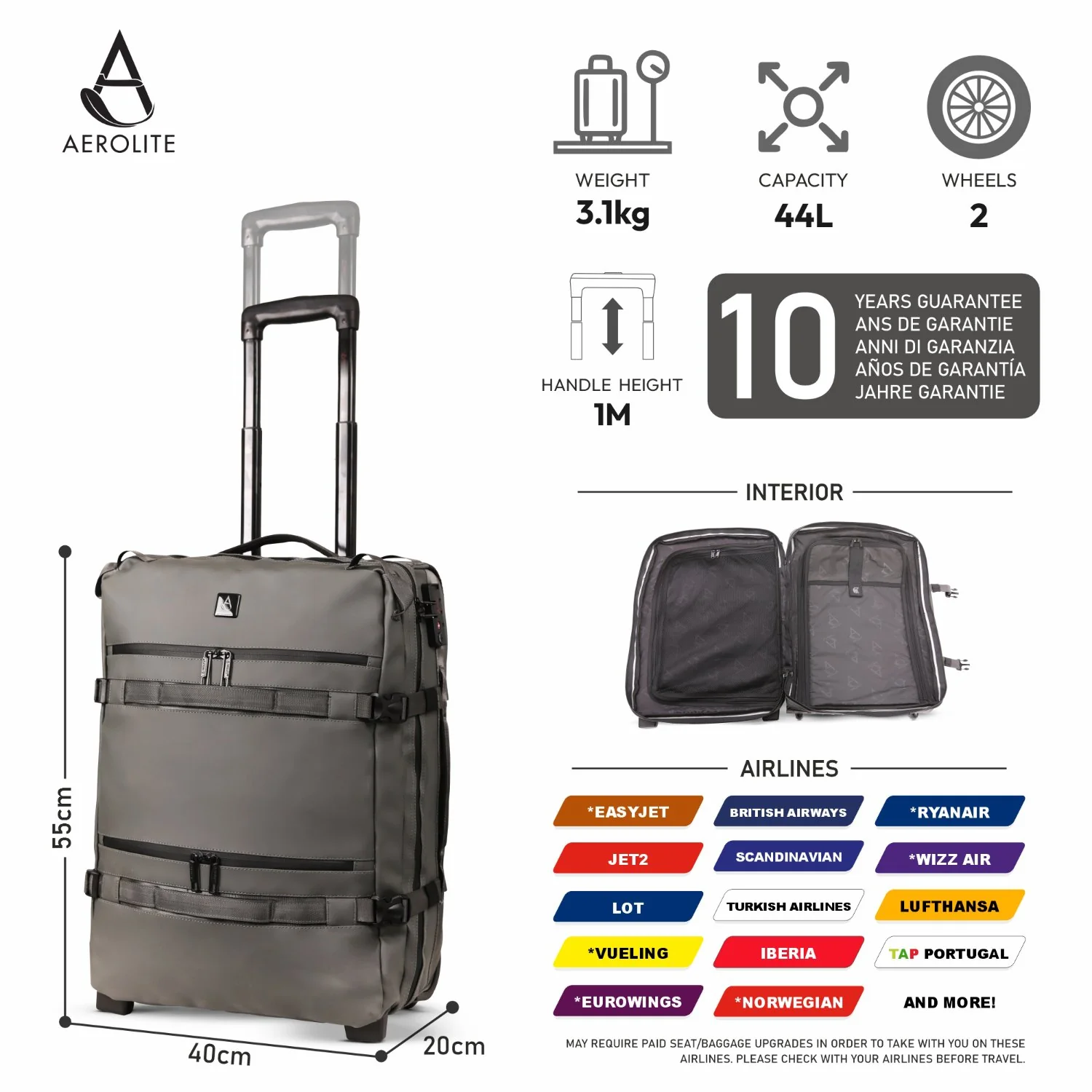 Aerolite Waterproof Trolley Cabin Bag, Ryanair Priority Max Size 55x40×20 cm, 44L Carry-On with 17" Laptop Sleeve, TSA Lock & 2 Wheels – Dark Green - Image 2