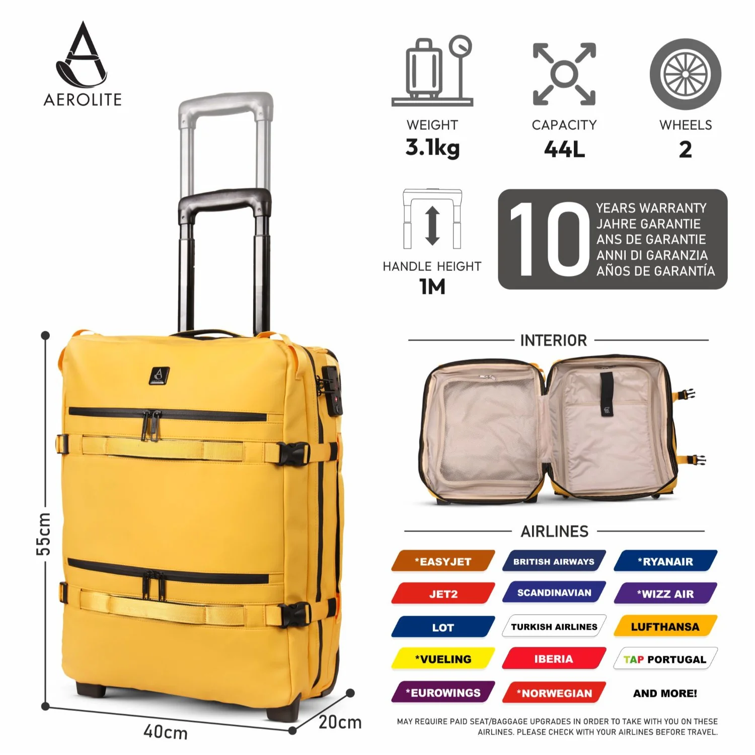 Aerolite Waterproof Trolley Cabin Bag, Ryanair Priority Max Size 55x40×20 cm, 44L Carry-On with 17" Laptop Sleeve, TSA Lock & 2 Wheels – Mango - Image 5