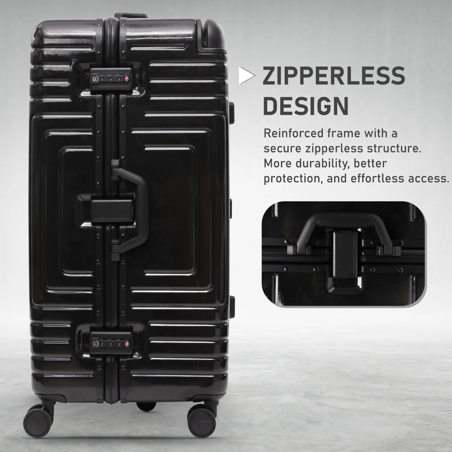 Aerolite Zipperless  Aluminium Frame Trunk, Premium Trunk Suitcase, TSA Latch-Lock, Aluminium Frame, Silent Hinomoto Wheels, 97.6L Large Luggage - Black - Image 9