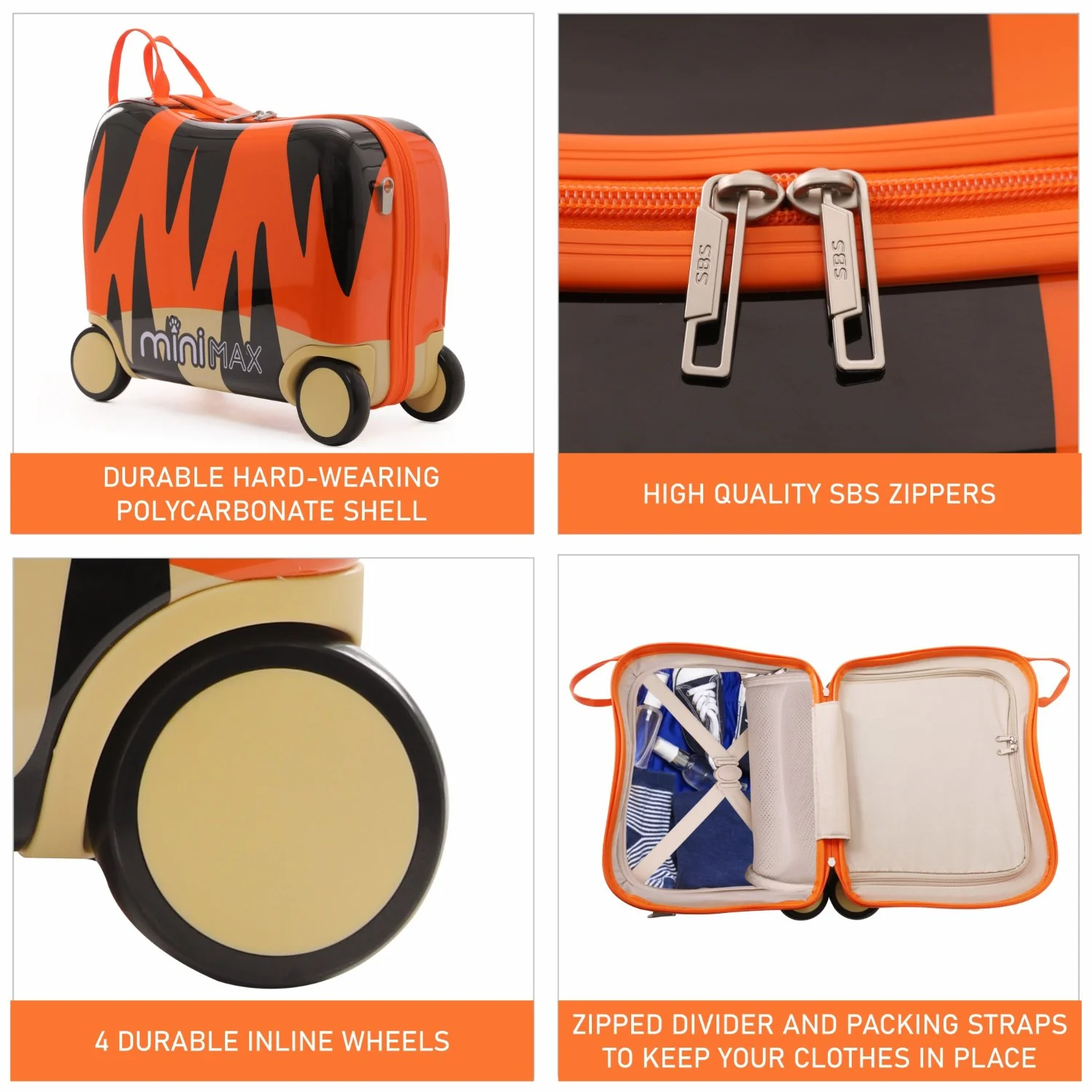 MiniMax 45x36x20cm Kids Tiger Ride-On Suitcase 4PC Set – EasyJet Max Size 29L Children’s Cabin Luggage with Drawstring Bag, Neck Pillow & Stickers - Image 3
