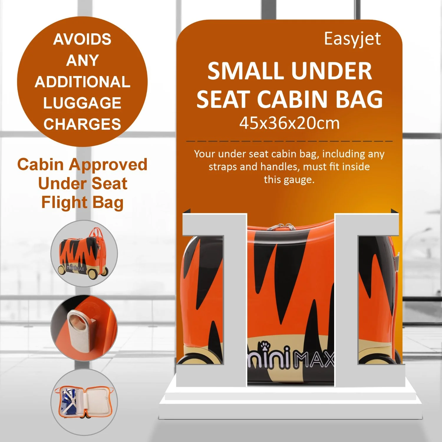 MiniMax 45x36x20cm Kids Tiger Ride-On Suitcase 4PC Set – EasyJet Max Size 29L Children’s Cabin Luggage with Drawstring Bag, Neck Pillow & Stickers - Image 4