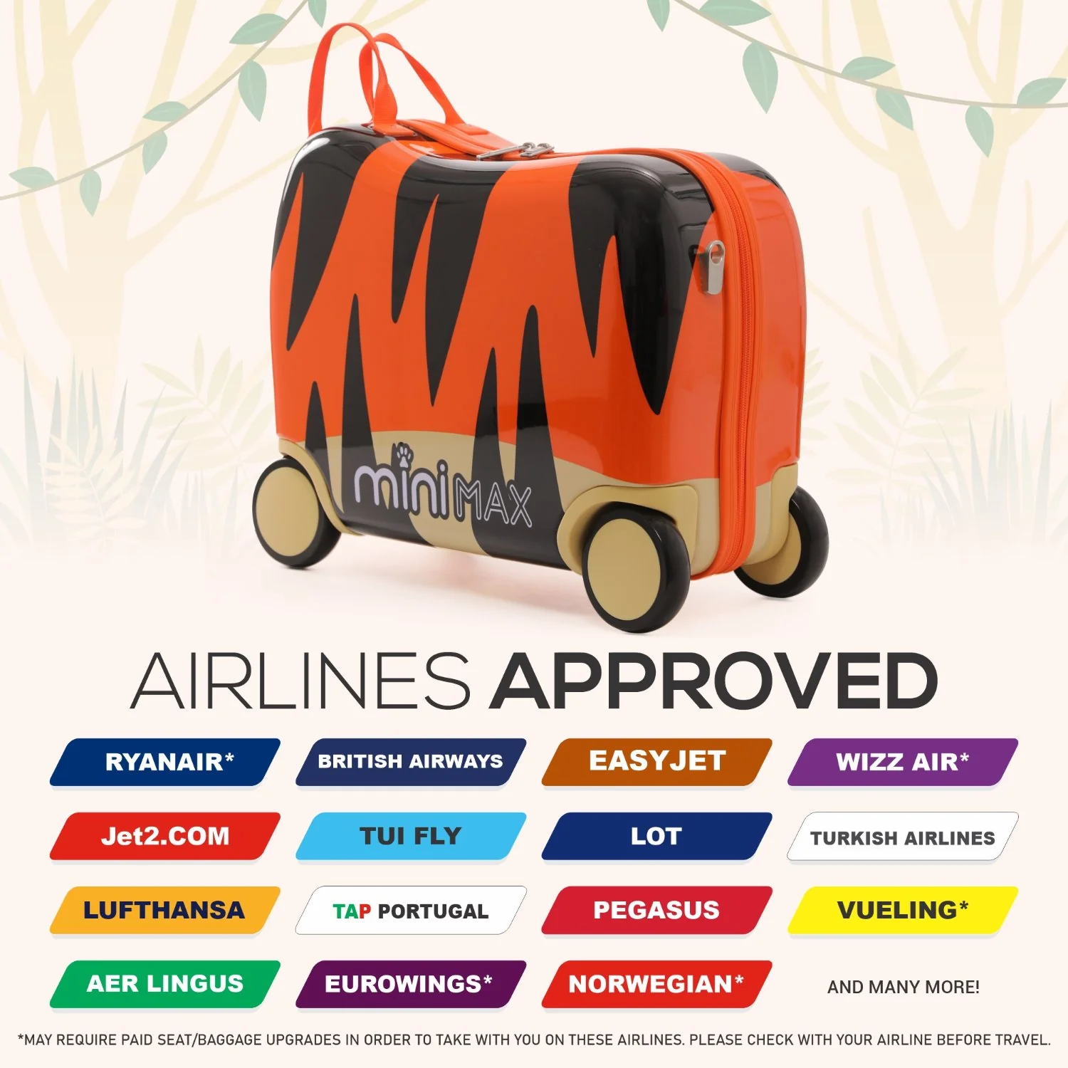 MiniMax 45x36x20cm Kids Tiger Ride-On Suitcase 4PC Set – EasyJet Max Size 29L Children’s Cabin Luggage with Drawstring Bag, Neck Pillow & Stickers - Image 5